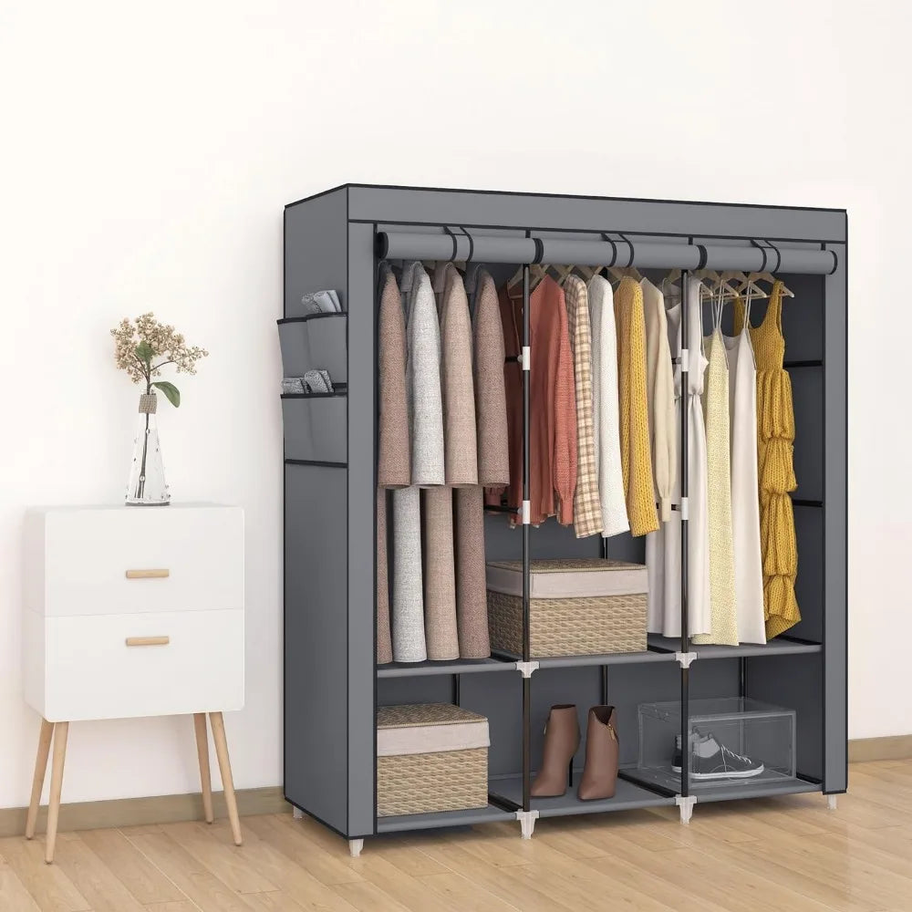 67 in Portable Closet Wardrobe for Hanging Clothes, Wardrobe Closet , 4 Hanging Rods and Side Pockets, 8 Storage Shelves