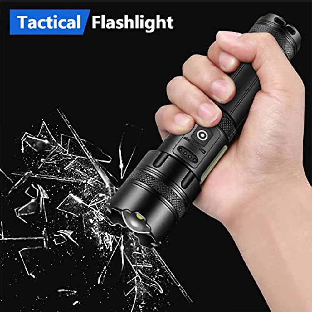 Rechargeable Super Bright Flashlight 7Modes High Lumens Tactical Flashlight Zoomable LED torch With COB Side Light and Display