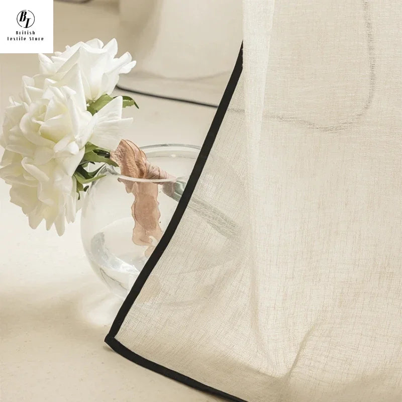 Retro Cream Linen White Tulle Sheer Curtains for Living Room Luxury Bedroom Dining Balcony Black Edge Blackout Gauze Window Door