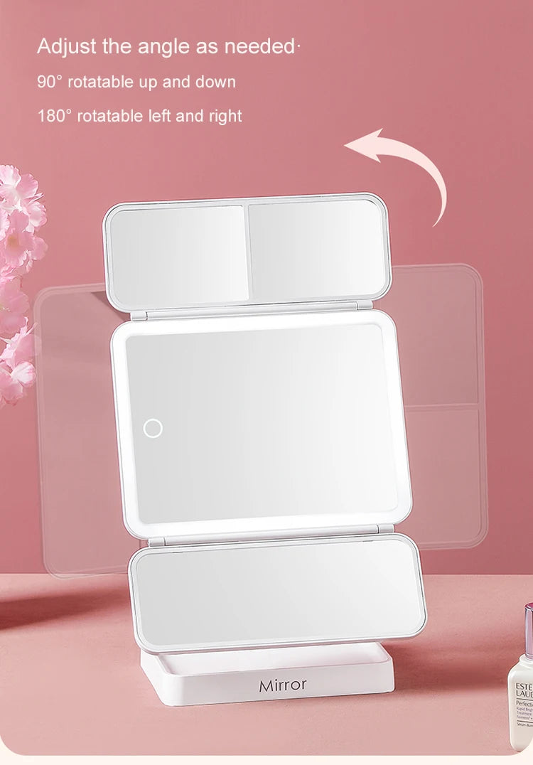 Tri-Fold LED Makeup Mirror 3 Tone Lights Portable Compact Desktop Vanity Mirror 2X/3X Magnifying Rotable Lighted Makeup Mirror