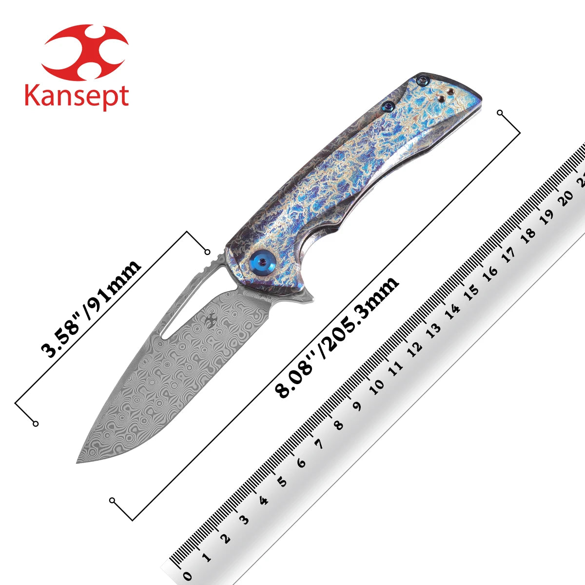 Kansept Kryo K1001A6 Folding Knife Kim Ning Designed 3.58'' Damascus with Titanium with Lightning Strike Finish Hunting Knife