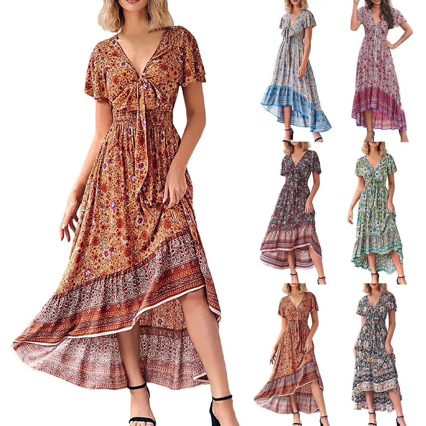 Boho Floral Print Long Dress Women Summer Beach Sundress Sexy Short Sleeve V Neck Ruffle Pleated Dress Bohemian Casual Dresses