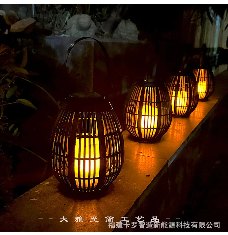 Outdoor Solar Imitation Rattan Lantern Courtyard Balcony Garden Decoration Candle Lights Creative Atmosphere Bamboo Chandelier