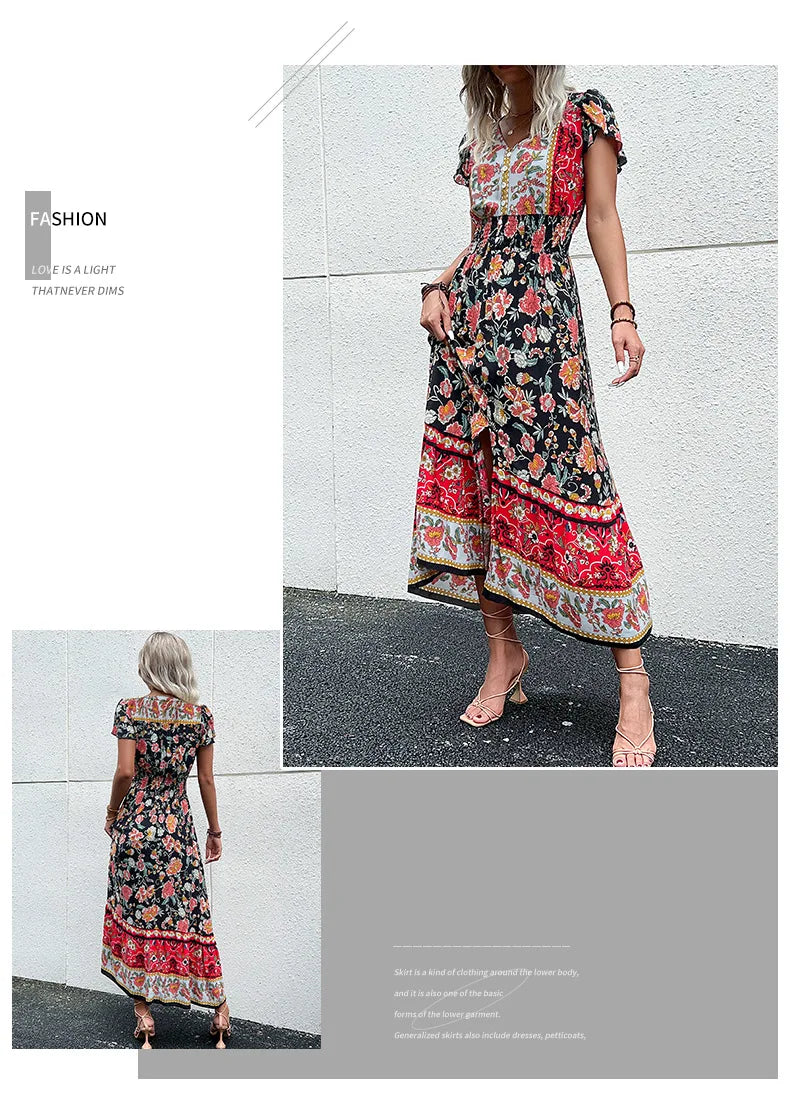 Vintage Floral Boho Printed Vestidos Women Short Sleeves V Neck Slit Midi Dresses A Line Bohemian Summer Beach Dress