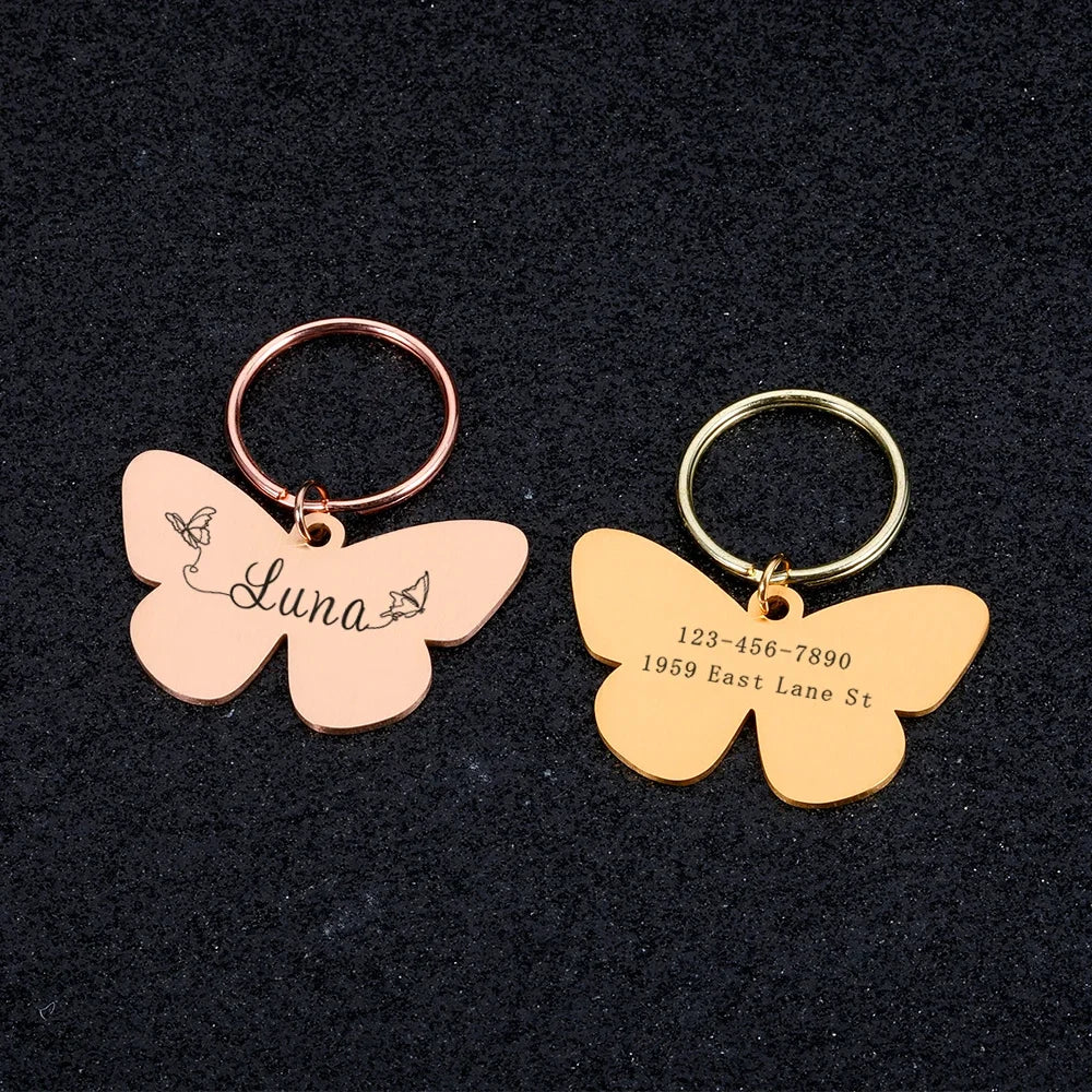 Customizable Butterfly Dog ID Tags Pet Dog Cat Name Medal Collar Engraving Name Personalized Number Kitten Puppy Tag Pendant