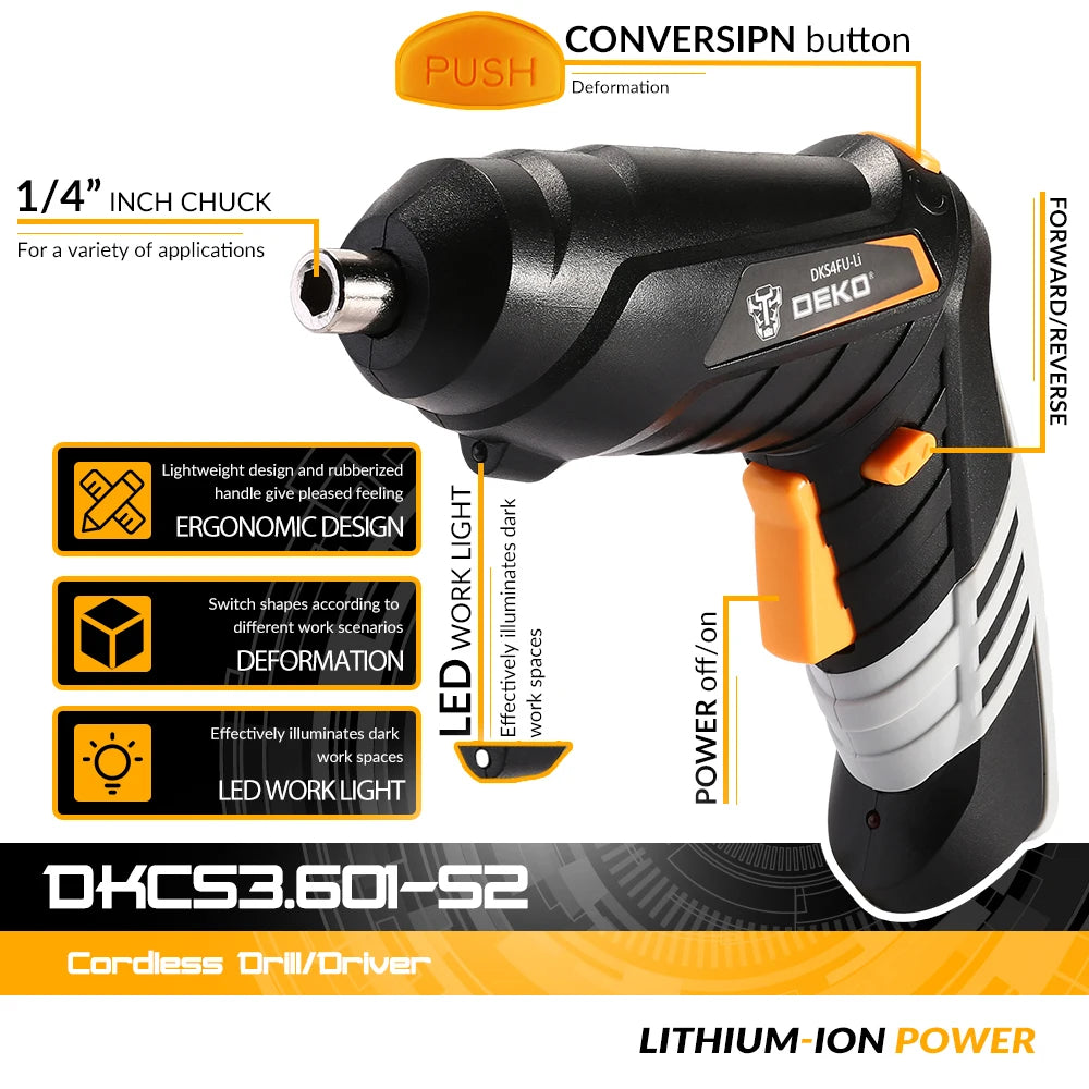 DEKO DKCS3.6O1 Cordless Electric Screwdriver Rechargeable Power battery Screwdriver Twistable Handle LED Torch Power Tool