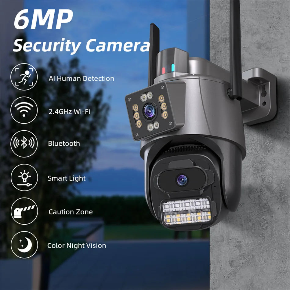 4K HD Dual Lens WIFI Camera 8MP Dual Screen PTZ Camera Outdoor Auto Tracking Security Camera Waterproof Surveillance ICSEE CCTV