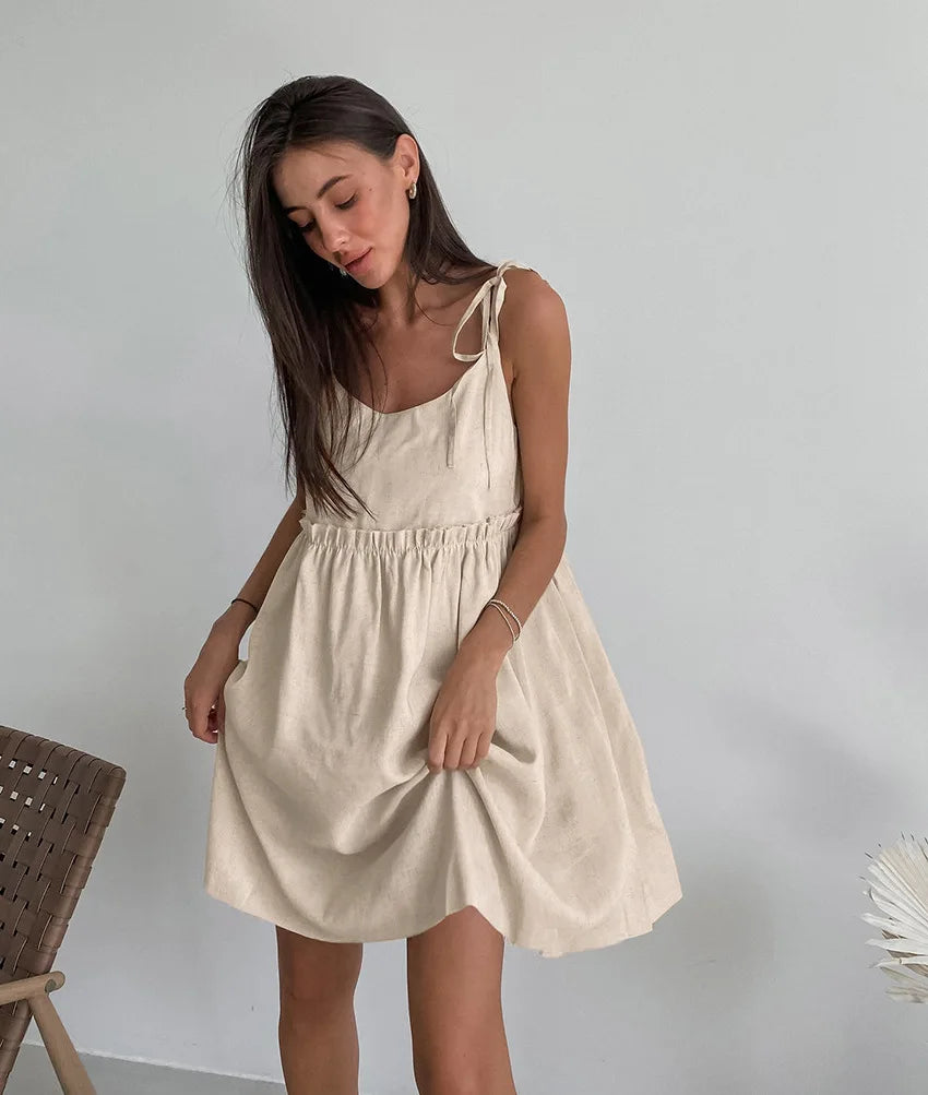 New In Cotton Linen Summer Dress Women 2024 Sexy Sleeveless Bandage Lace Up Chic Elegant Party Club Mini Dresses Beach Sundress