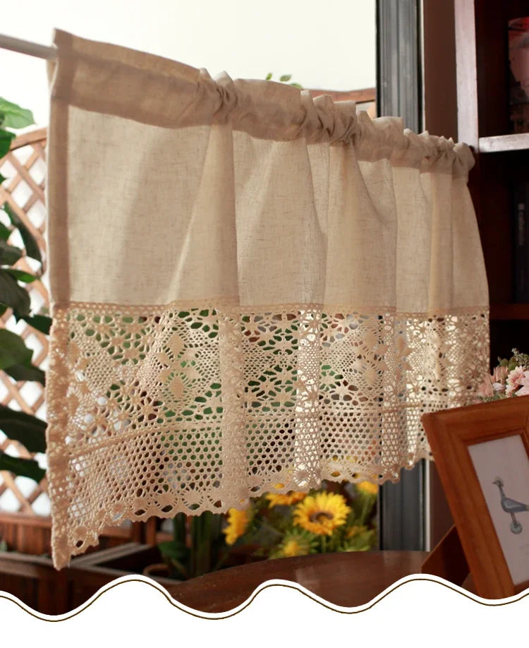 Handmade Cotton Linen Kitchen Short Curtains Crochet Lace Hollow Tassel Beige Valance Curtains Cafe Kitchen Door Window Drapes