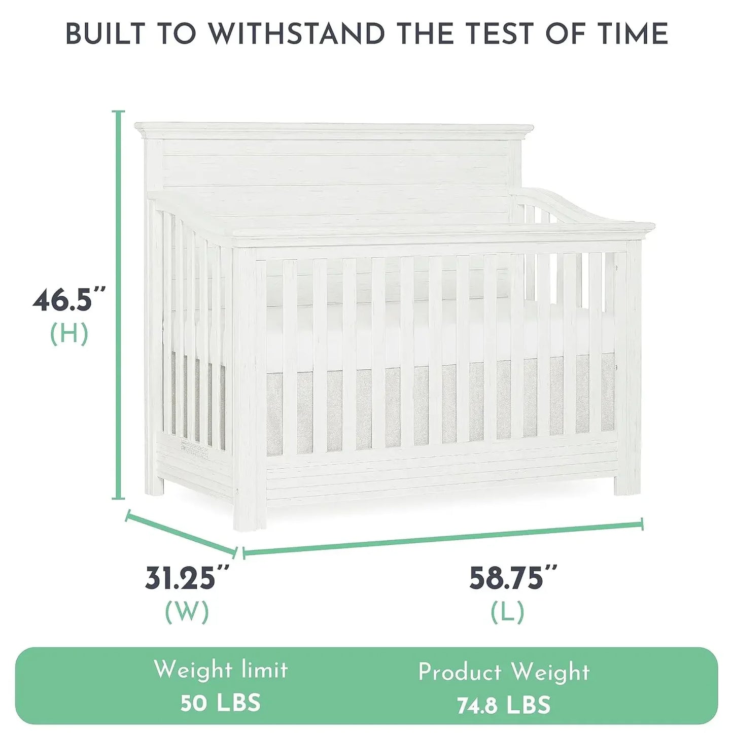 Evolur Waverly 5-in-1 Full Panel Convertible Crib in Weathered White,Greenguard Gold Certified 58.75x31.25x46.5 Inch (Pack of 1)