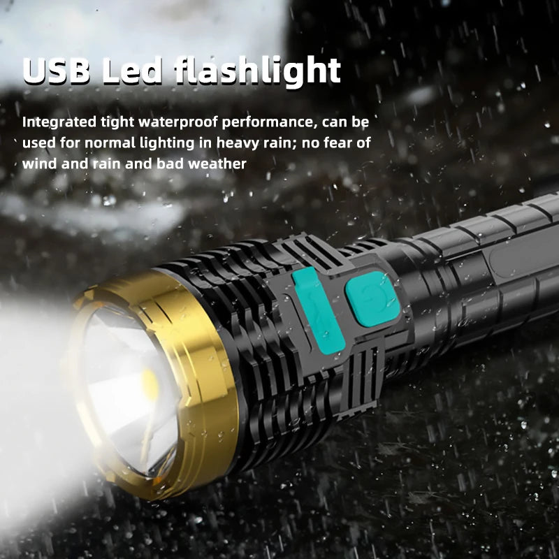 Outdoor Portable Flashlight Home Built-in Battery Rechargeable Multi-function Torch Super Bright ABS Strong Light Focusing Led