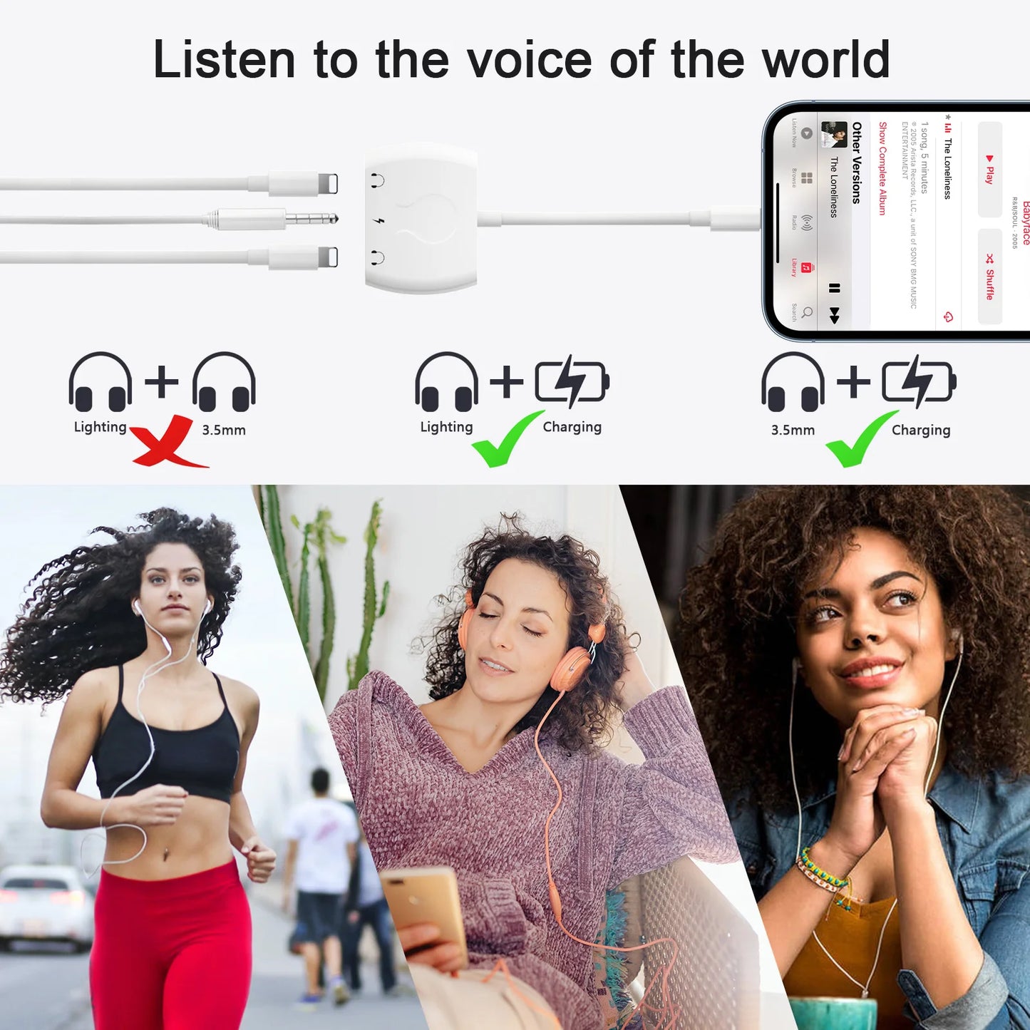 Lightning iPhone to Dual 3.5mm Aux Audio Headphone/Earphone Jack Adapter/Splitter/Cable Cord/Connector/Dongle with Charging