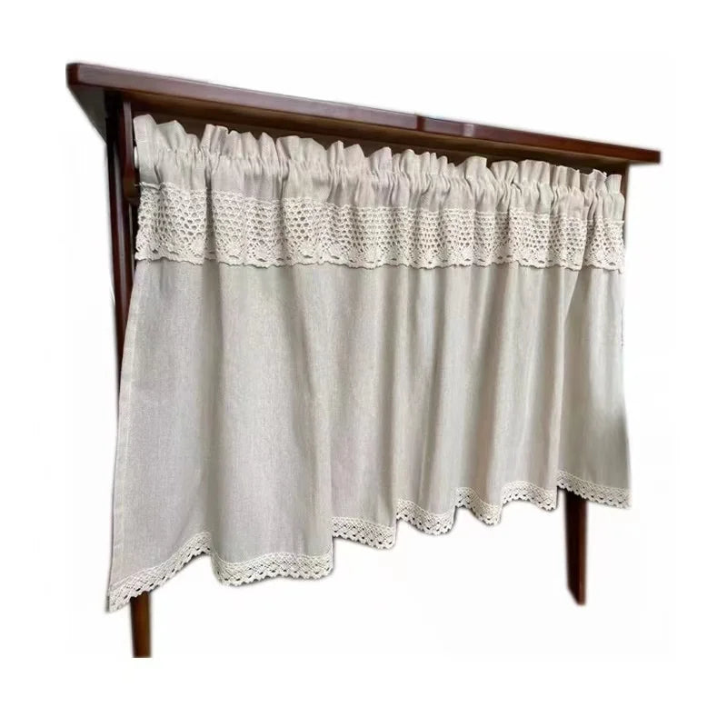 Half Curtain with Crochet Lace Short Curtains for Kitchen Window Curtain Cotton Linen Cafe Cabinet Cover Dust-proof Rustic