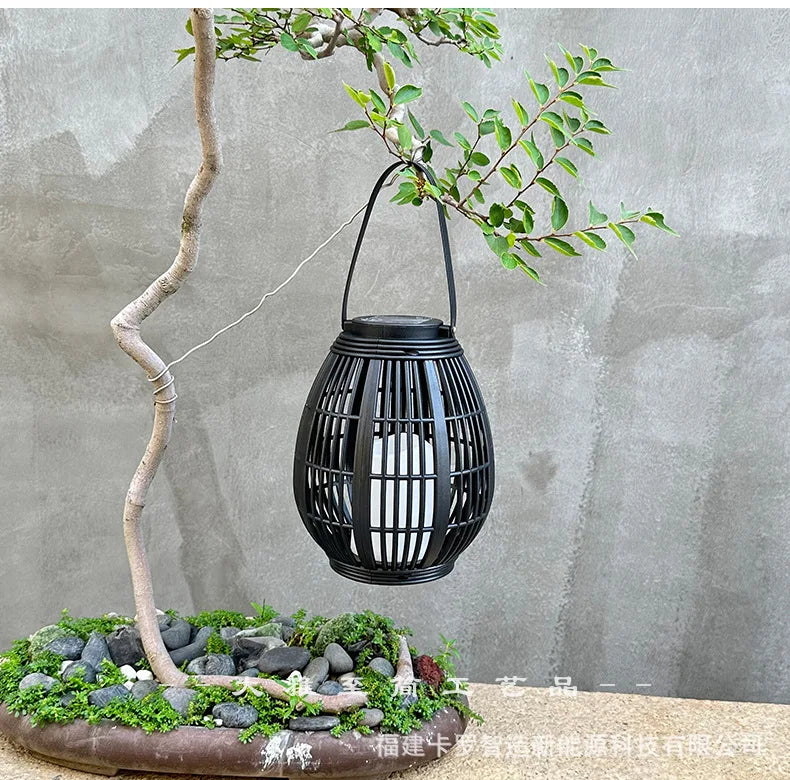 Outdoor Solar Imitation Rattan Lantern Courtyard Balcony Garden Decoration Candle Lights Creative Atmosphere Bamboo Chandelier