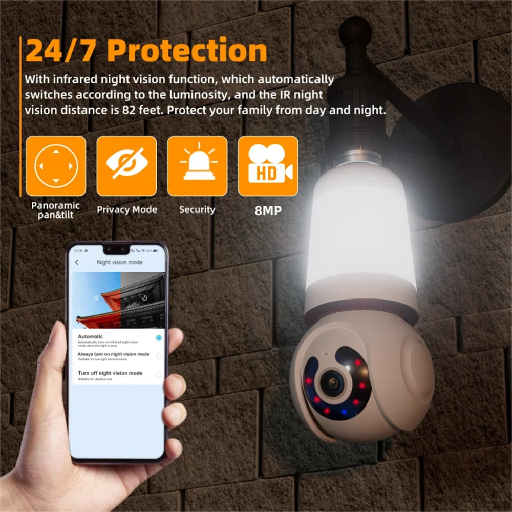 8MP Wifi E27 Bulb Surveillance Camera Wireless Color Night Vision Automatic Human Tracking Security Baby Monitor CCTV IP Camera