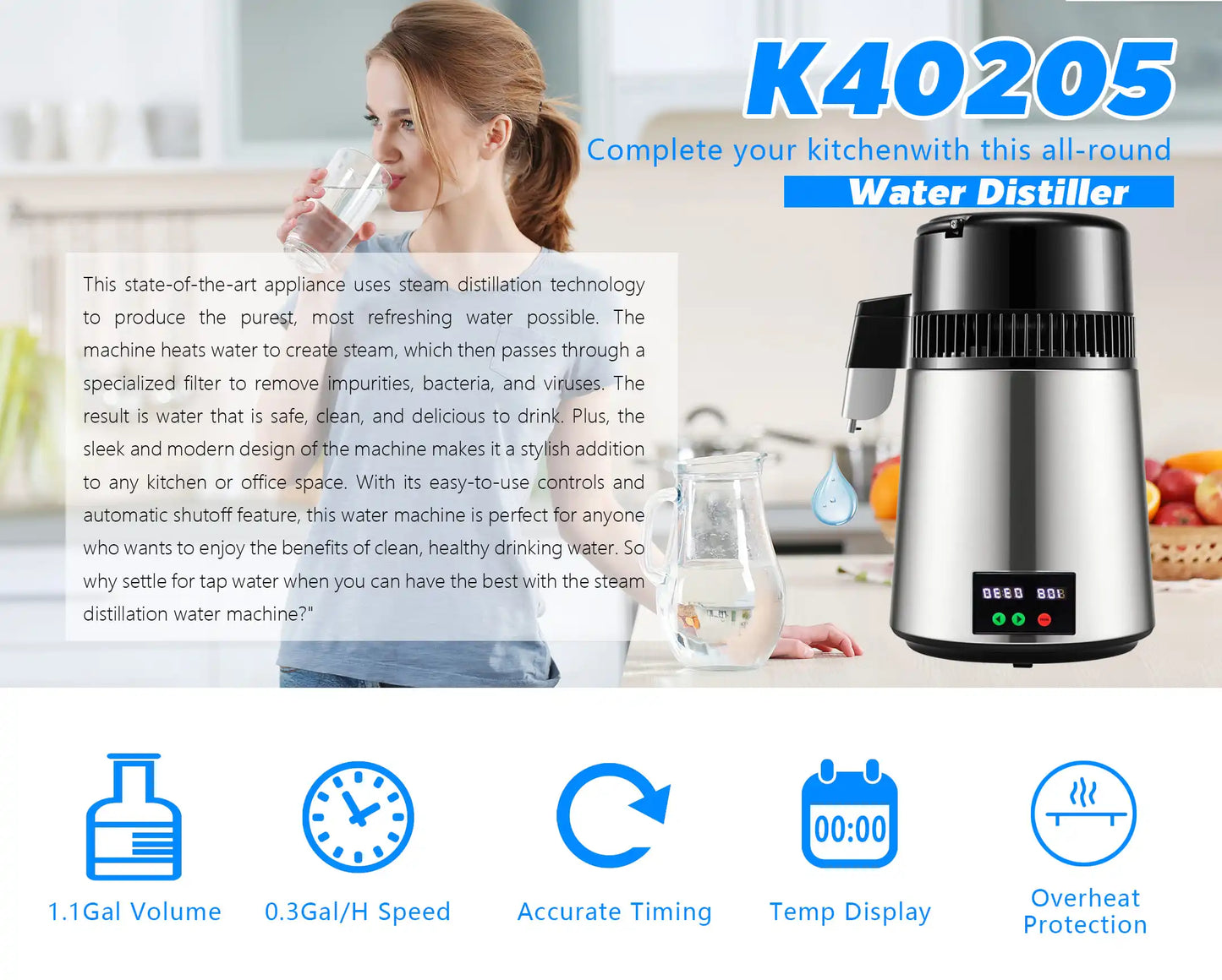 Water Distiller 4 L Distilled Water Maker 1.1 Gal Pure Water Distiller with Dual Temperature Display 750W Distilled Water Machin