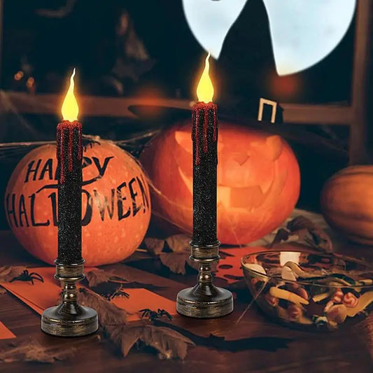 2pcs Halloween Decor Flameless Candles Halloween Candles LED Lighted Lamp Taper Candle Vampire Tears Black Candles With Bases