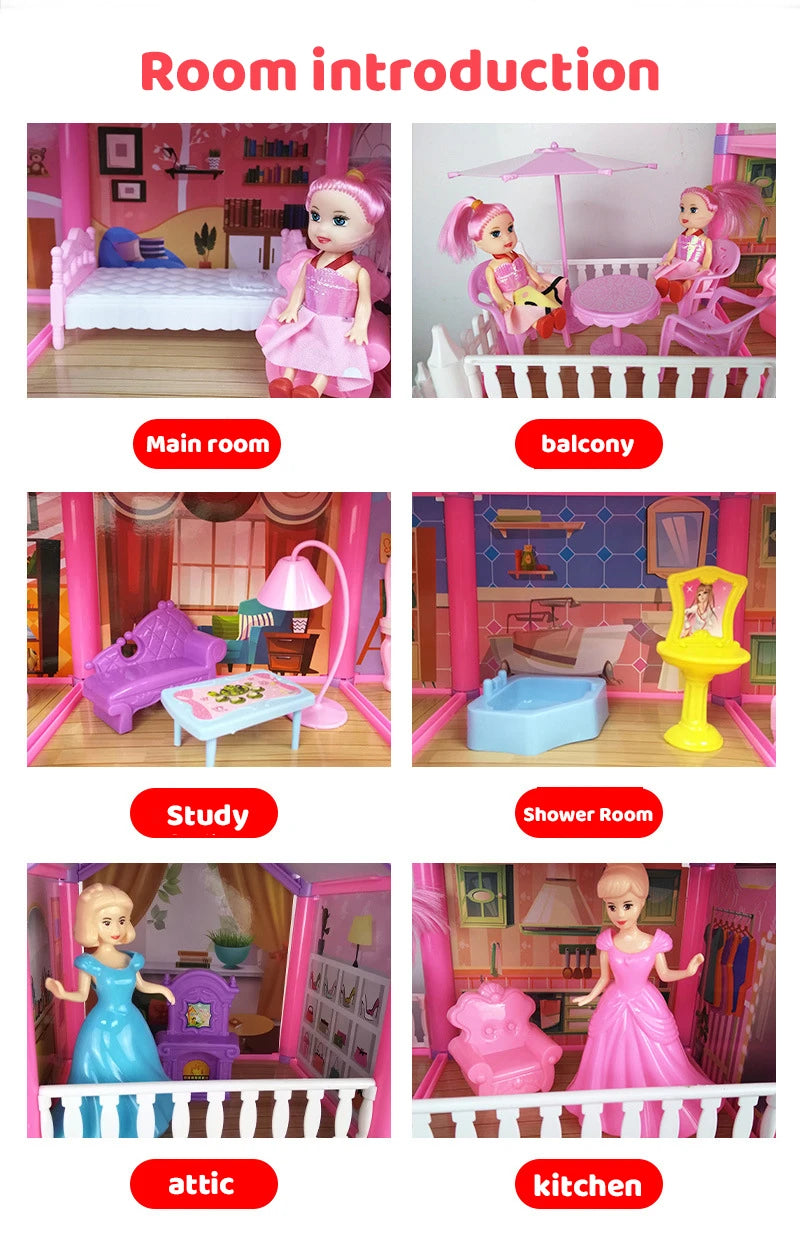 Princess Big Villa DIY Dollhouses Kit Pink Castle House Kit Assembled Doll House Toys Pretend Play Toys Christmas Birthday Gift