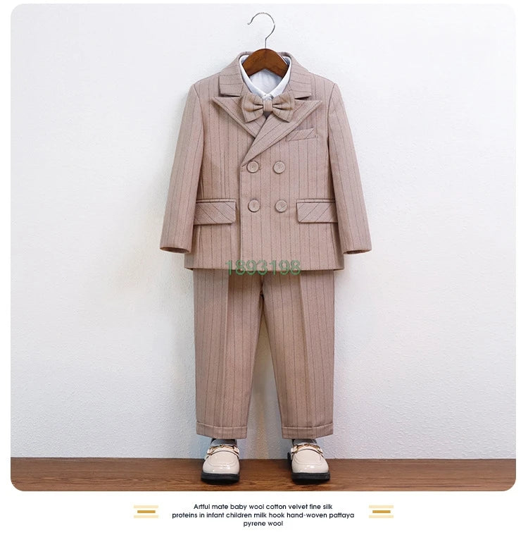 Children's Formal Striped Khaki 4pcs Suit Set Boys Hosting Speech Piano Performance Costume Kids Blazer Vest Pants Bowtie