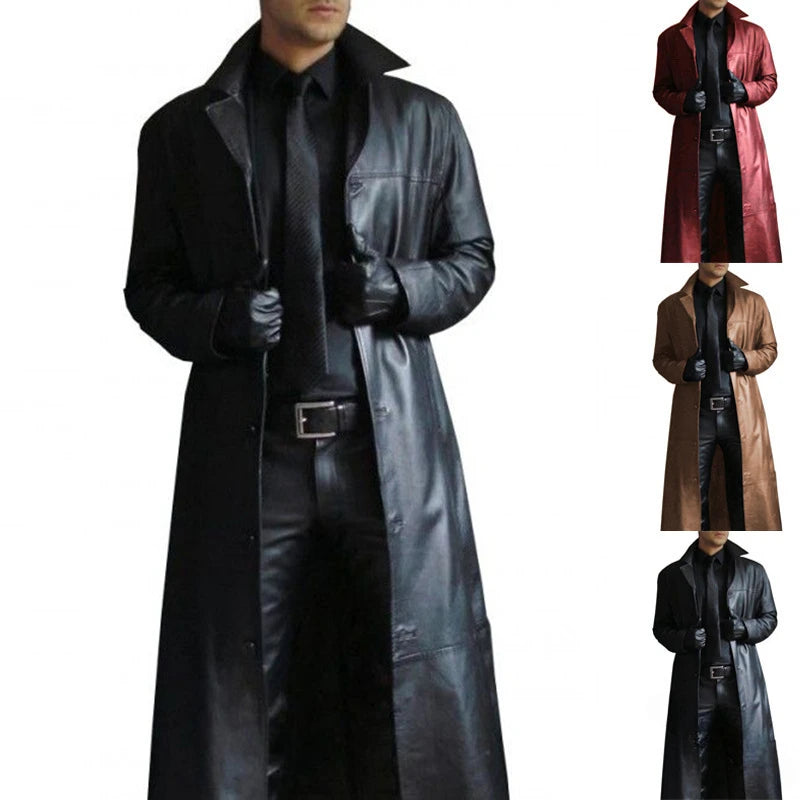 Men Jacket Turn-down Collar Smooth Faux Leather Men Fall Coat Windproof Streetwear Slim Fit Long Sleeve Men Trench Coat