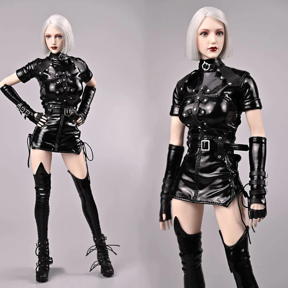 Sa045 1/6 Women Soldier Skirt Motorcycle Suit Goth Leather Vintage Women Skirt Black Lace-Up Dress For 12" Action Figure Body