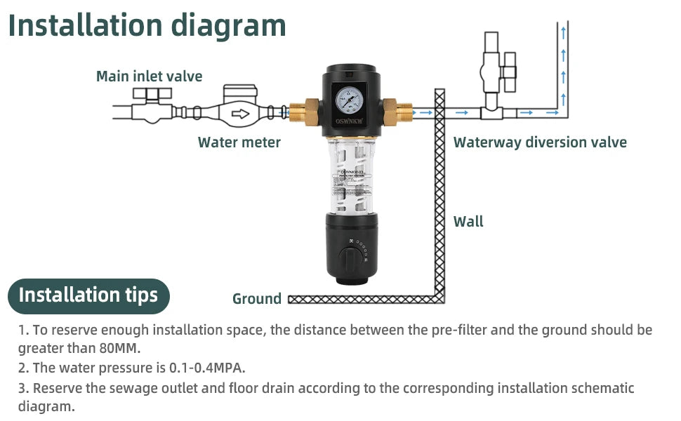 OSWNKW-03 Pre Filter Purifier Whole House Spin Down Sediment Water Filter Central Prefilter System Backwash Stainless Steel Mesh