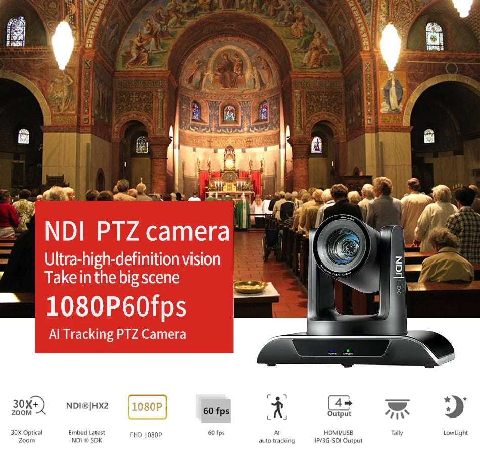 NDI PTZ Camera SDI HDMI IP Camera  Full 1080P60fps AI Tracking 12/20/30x Optical Zoom POE + Church live streaming recording