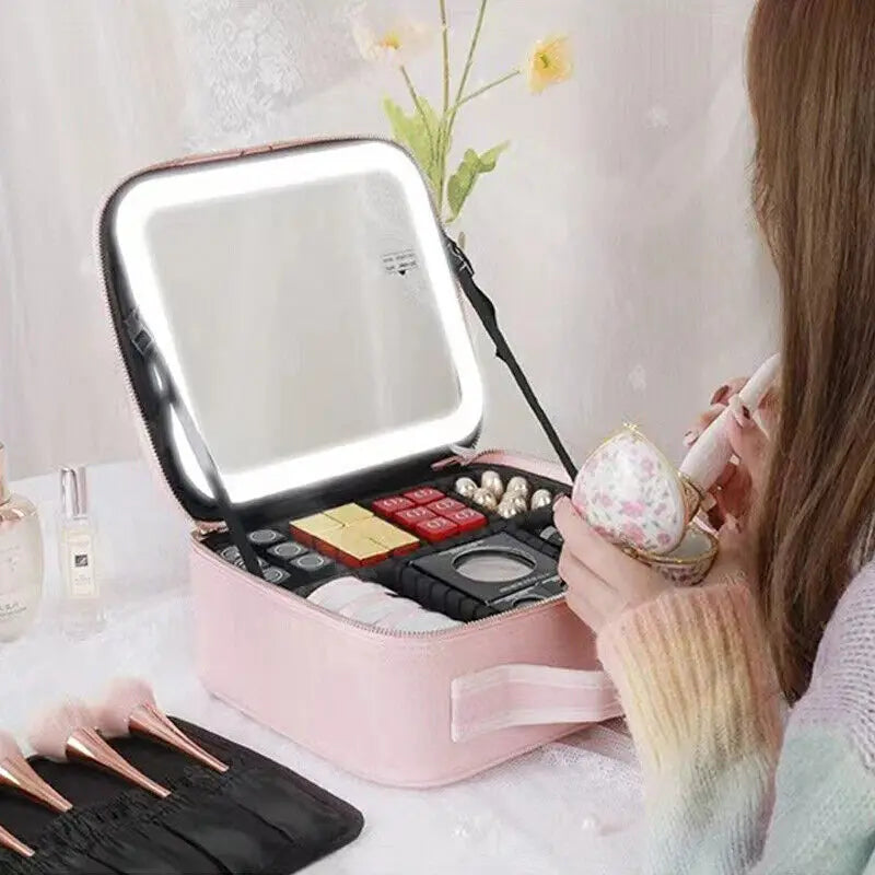 2024 New Smart Led Makeup Bag With Mirror Large Capacity Professional Waterproof Pu Leather Travel Cosmetic Case For Women