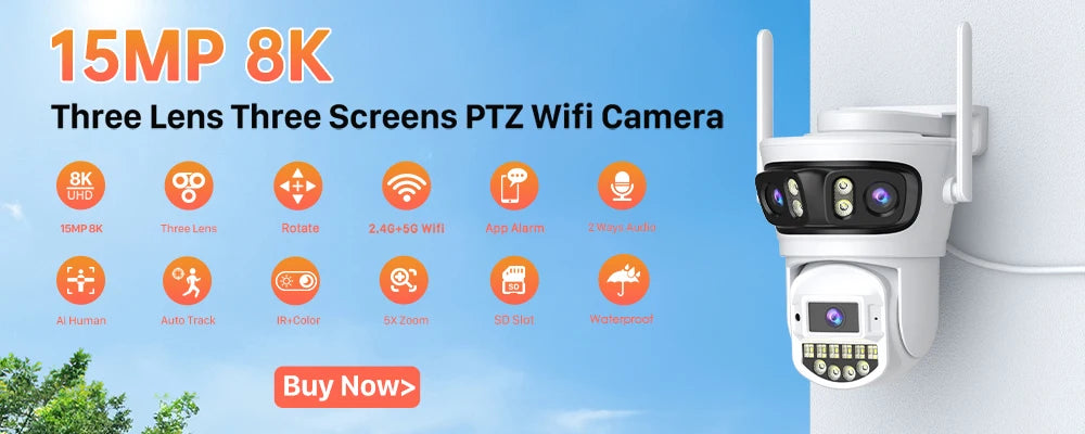 10MP 5K Wifi Surveillance Camera Outdoor 5X Digital Zoom PTZ IP Camera Dual Lens Dual Screens 2.4G/5G Auto Tracking Security CAM