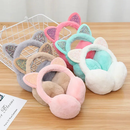 New Lovely Winter Warm Cat Ear Warmers Glitter Ears Plush Earmuffs for Women Playful Girls Ear Muffs Cold Protection Warm Hot