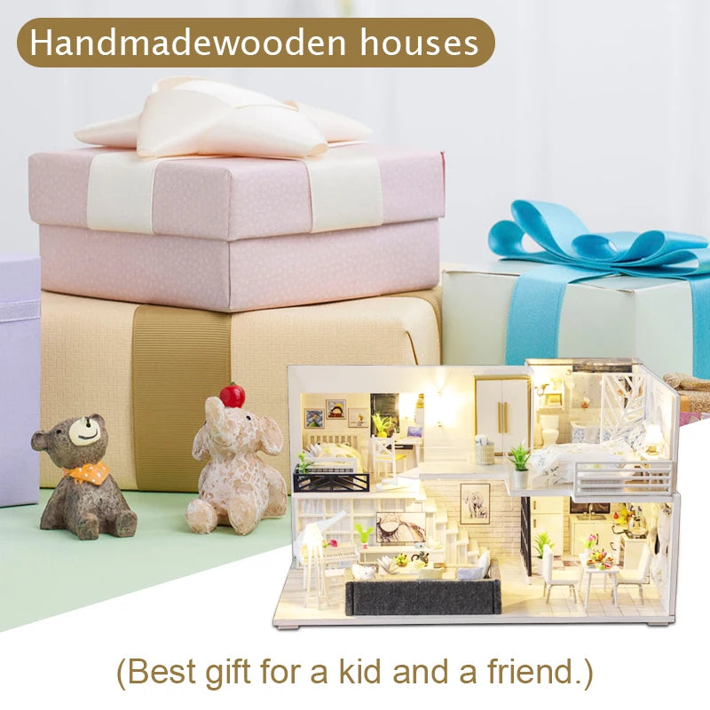 Assemble DIY Wooden House Dollhouse kit Wooden Miniature Doll Houses Miniature Dollhouse toys With Furniture LED Lights Gift