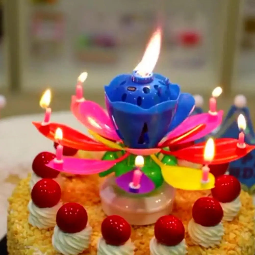 Innovative Party Cake Candles Musical Rotating Lotus Flower Flat Bottom Rotating Electronic Candle Birthday Cake Music Candles