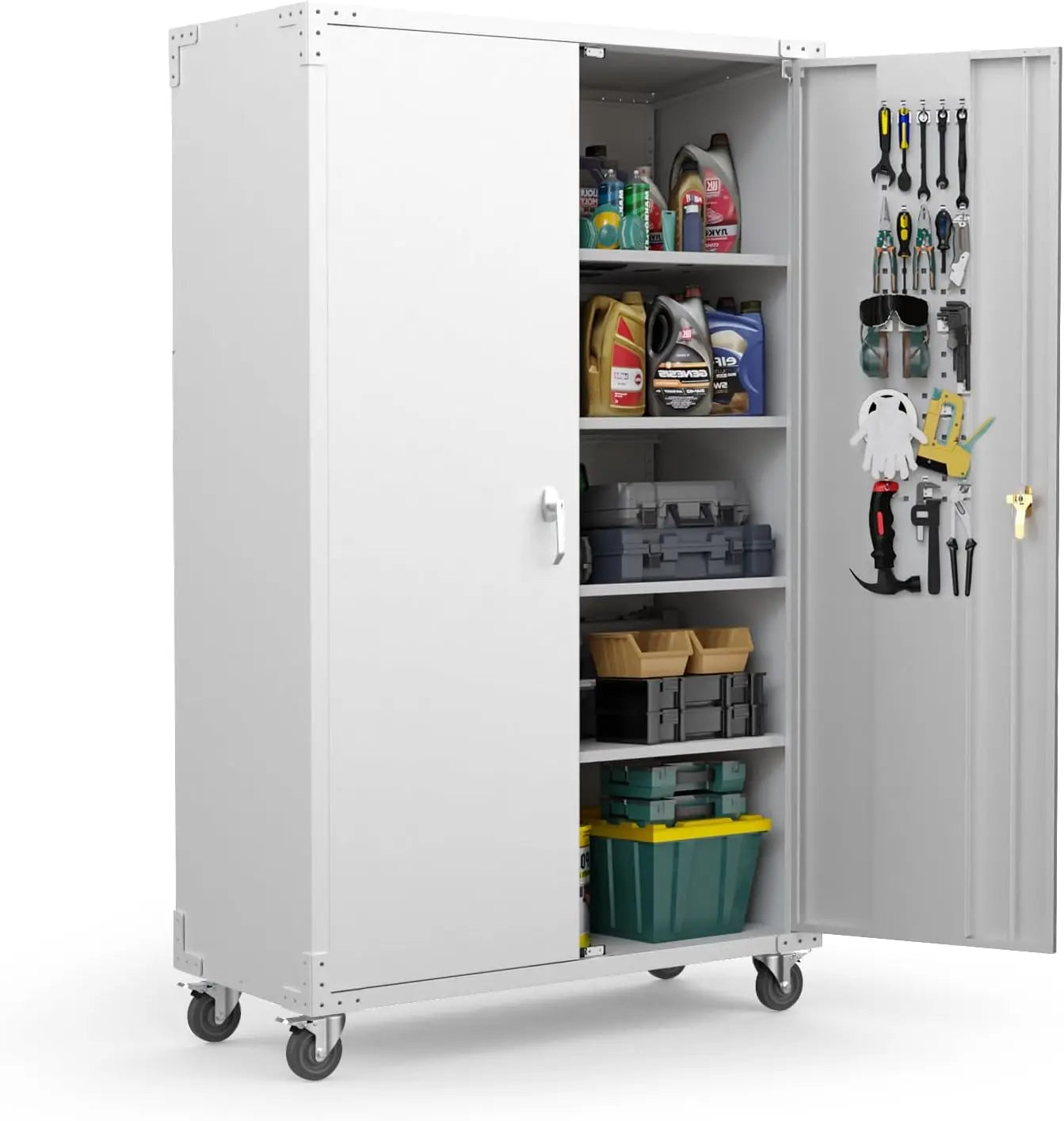 Upgraded Wide & Deep Garage Storage Cabinet, Metal Storage Cabinet with Pegboards, Wheels, Locking Doors and Adjustable Shelves