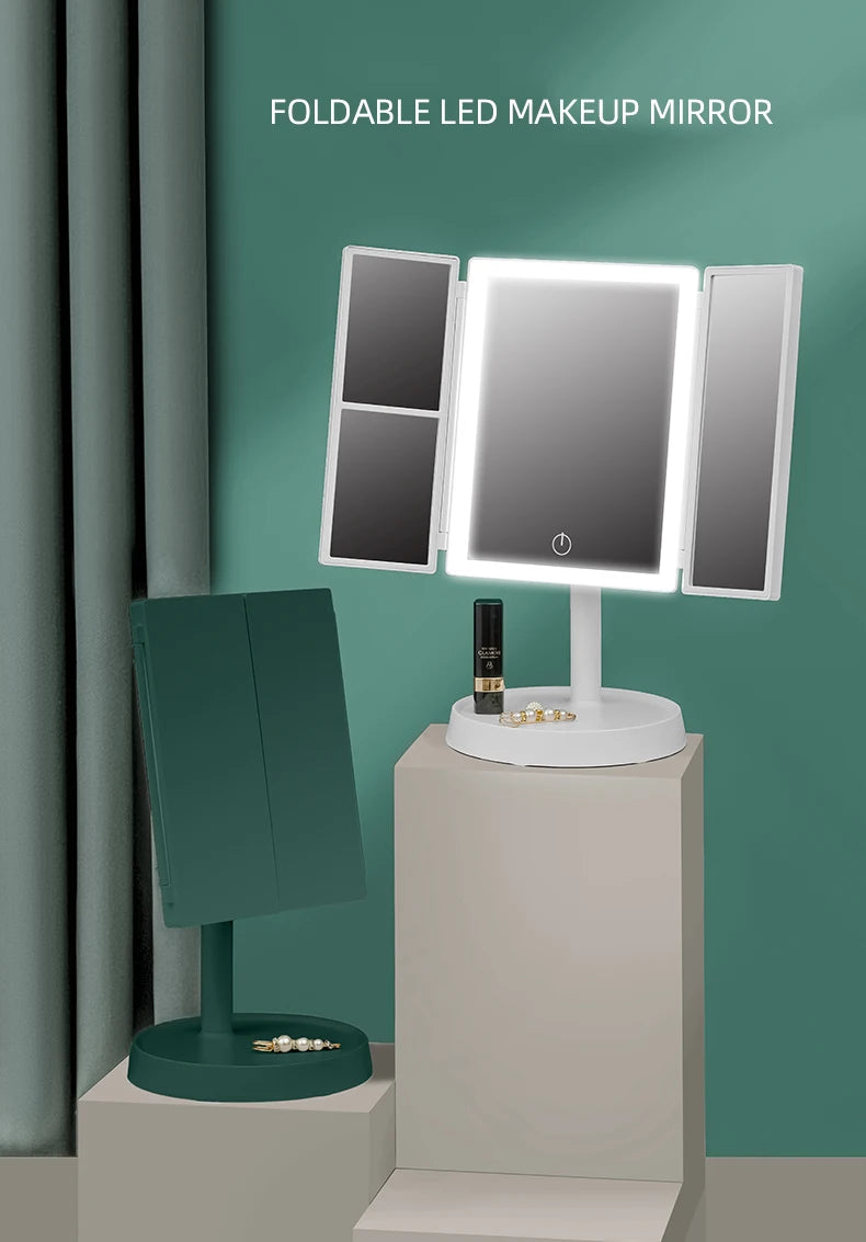 Foldable Makeup Mirror with LED Light 3 Tone Lights Desktop Vanity Mirror 2X/3X Magnifying 360° Adjustable Rechargeable