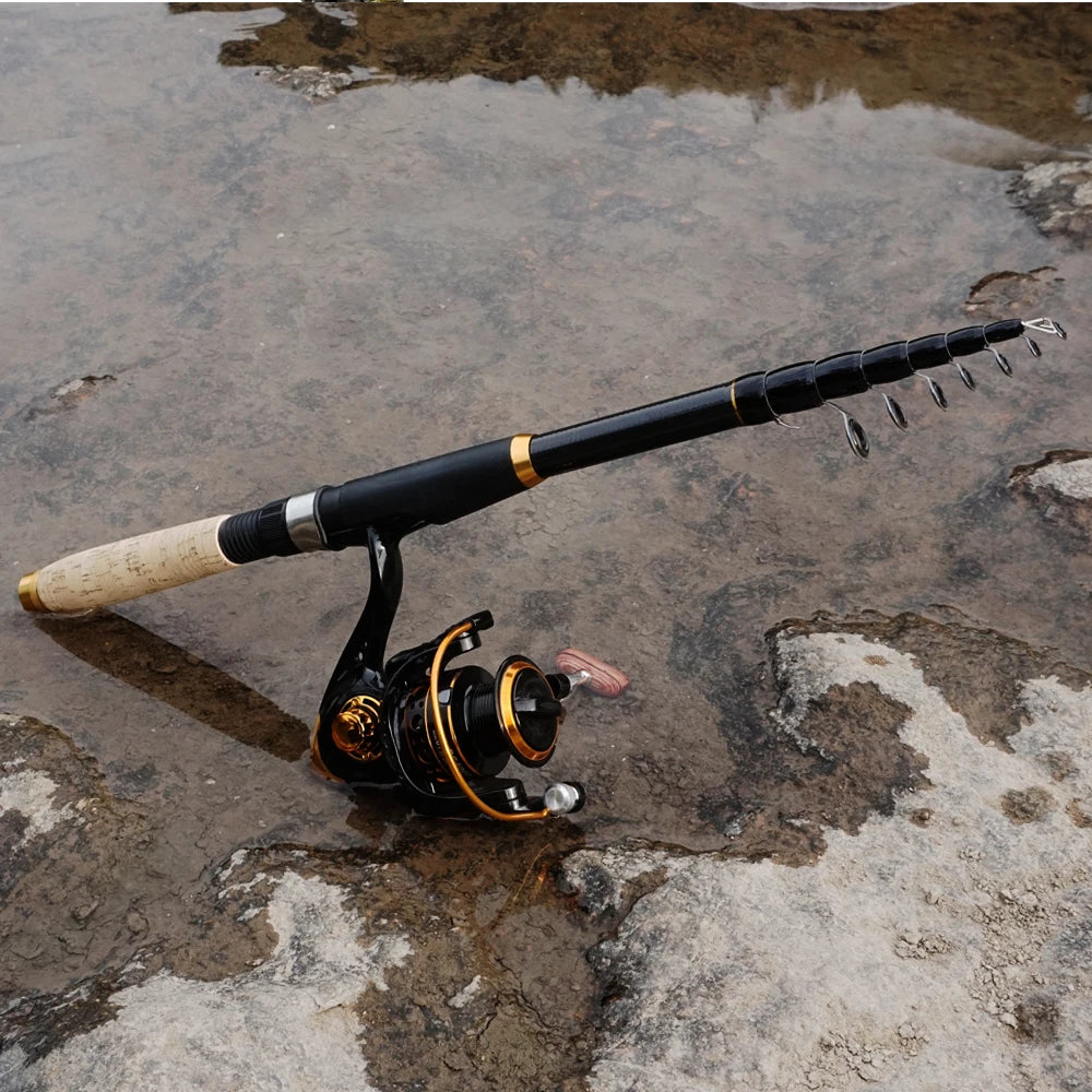 Fishing Rod and Reel Combo 1.8m-3.6m Carbon Fiber Max Pull 3.5kg Telescopic Rod and 5.2:1 Gear Ratio Spinning Reel for Bass Pike