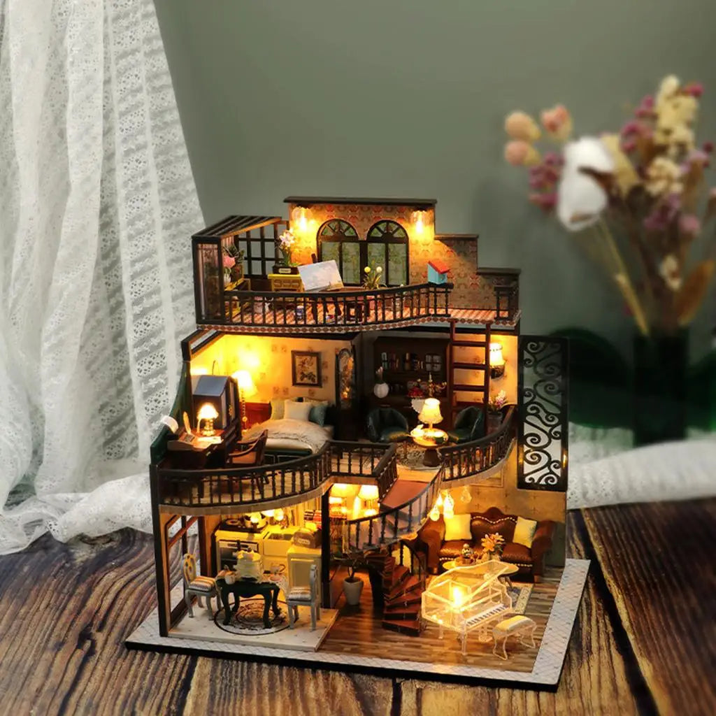 3D Doll House Kit Miniature DIY Retro Villa Handmade Wood Doll House for Christmas Kids