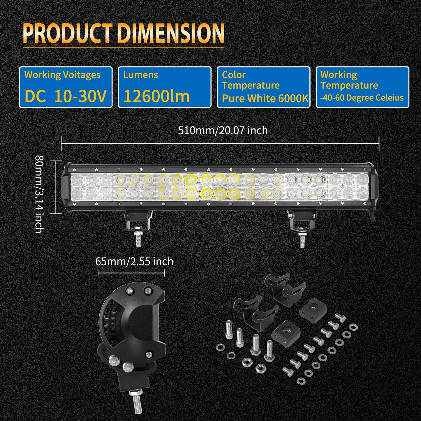 Universal 20inch 126W LED Light Bar + Front Bumper License Plate Bracket Wiring Fit ATV Truck SUV 4x4 Tractor Car Vehicle