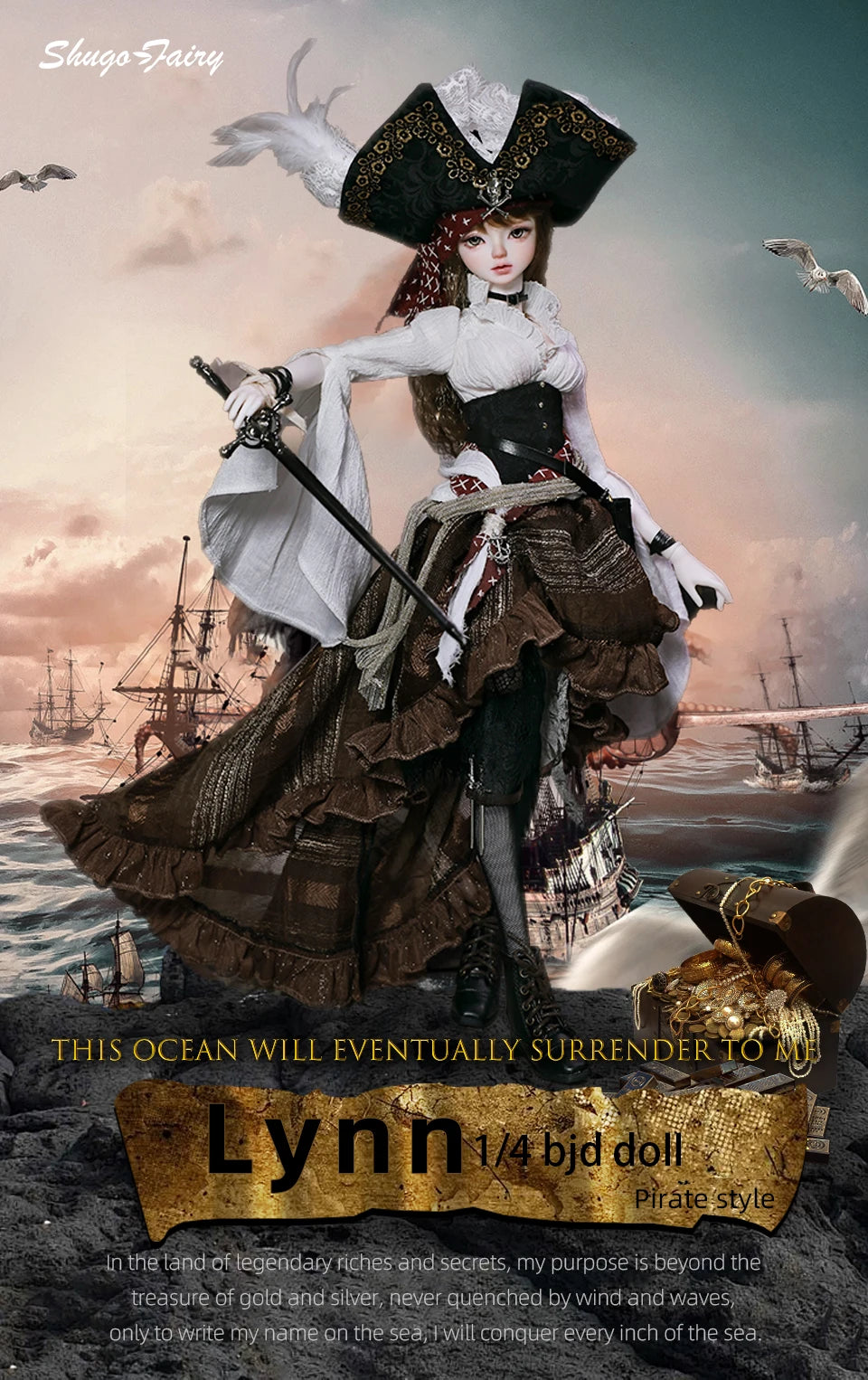 ShugaFairy Lynn Bjd Doll 1/4 Bariy Body  Middle Ages Sea Warrior Pirate Captain Moveable Joints Full Set FashionDoll