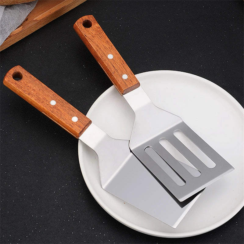 Stainless Steel Wooden Handle Cooking Spatula Steak Pancake Frying Shovel Teppanyaki Scraper Barbecue Tool Kitchen Accessories