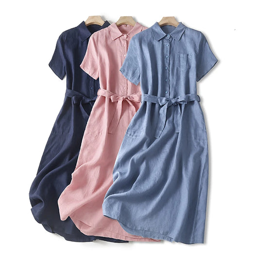 2024 New Summer Literary Vintage Oversized Women Dresses Cotton Solid Casual Loose Short Sleeve Single-Breasted Sundress