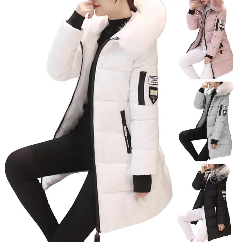 Women Winter Cotton Coat Hooded Mid Length Outerwear Windproof Warm Long Sleeve Jacket Solid Color Slim Fit Lady Down Coat