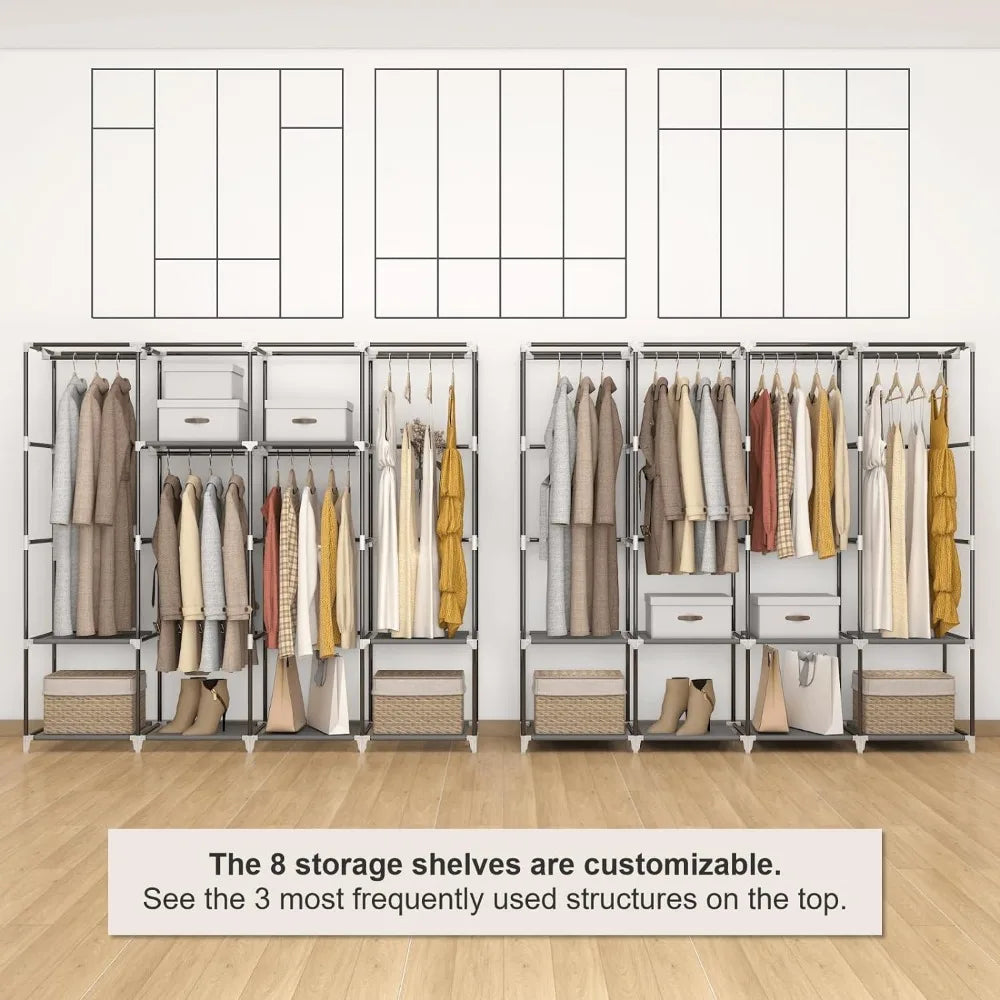 67 in Portable Closet Wardrobe for Hanging Clothes, Wardrobe Closet , 4 Hanging Rods and Side Pockets, 8 Storage Shelves