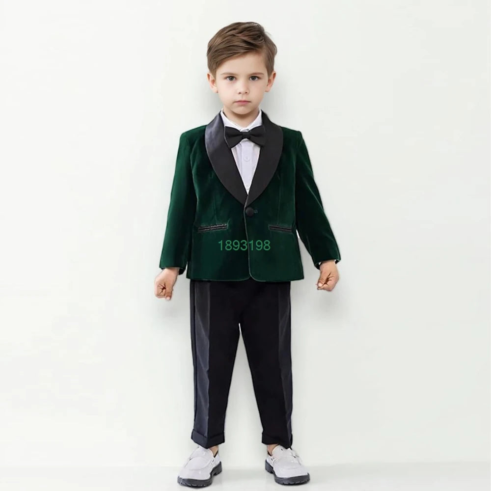 Boys Formal Velvet Suit Set Child Birthday Dress Wedding Party Photography Piano Recital Costume Kids Blazer Pants Bowtie Outfit