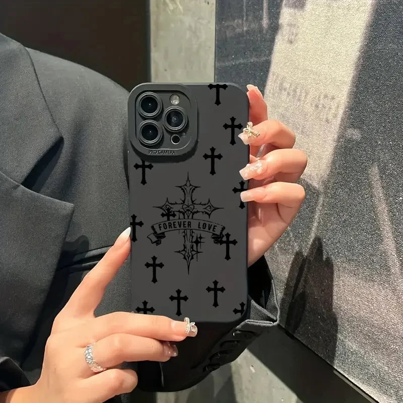 Phone Case For iPhone 16 15 14 11 12 13 Pro Max Mini 7 8 Plus X XR XS Max SE 2020 2022 Black Cross Print Shockproof Soft Cover