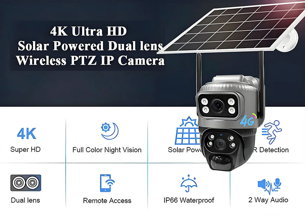 Solar Camera Outdoor Dual Lens 8MP 4G SIM IP 8000mAh Batteries Wireless Video Surveillance V380 Security Protection 360 CCTV