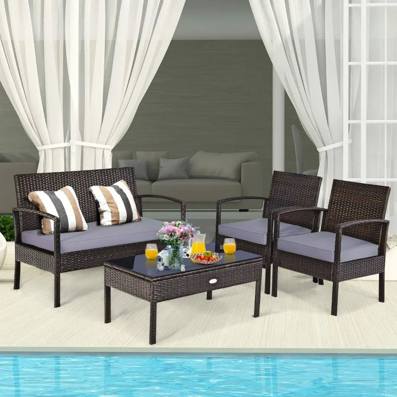 Moccha 4-Piece Patio Rattan Furniture Set, Outdoor Wicker Conversation w/ Padded Cushion & Coffee Table, Bistro Sofa Set