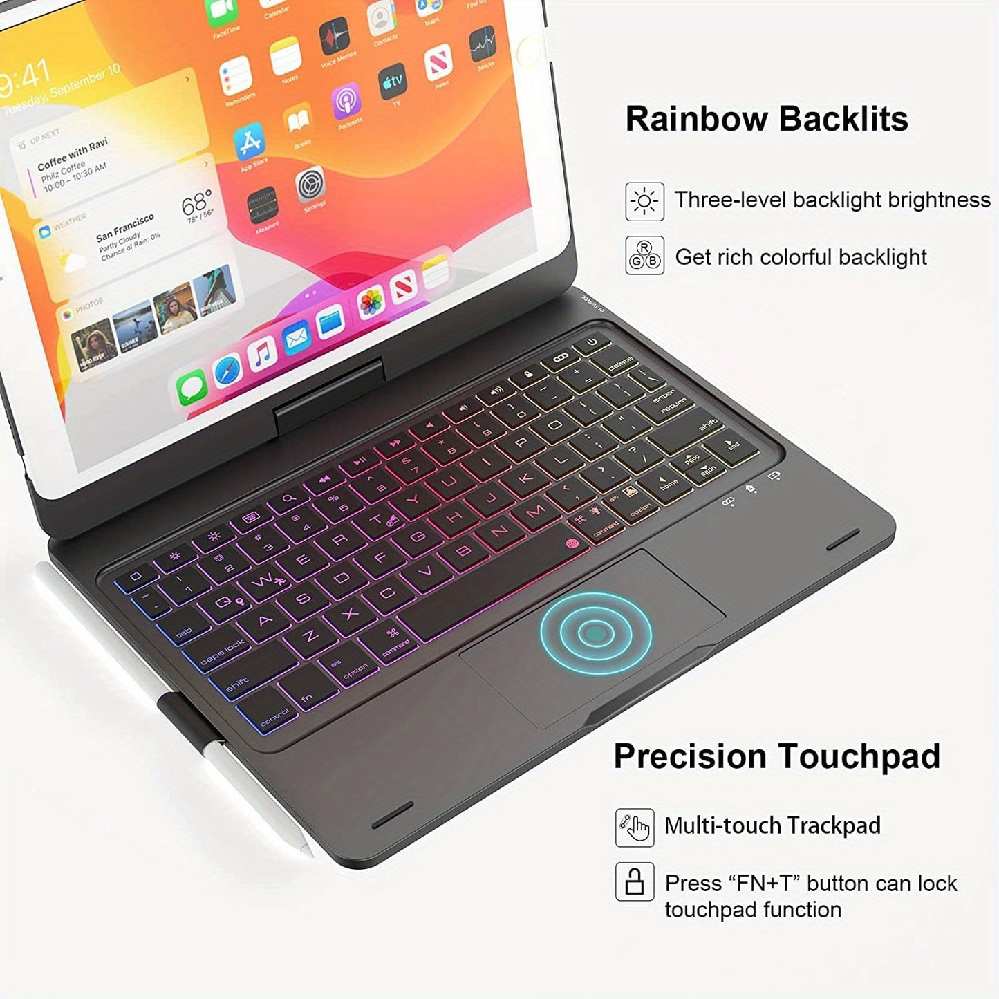 360° Rotatable BT Keyboard Touch,For IPad 9th (10.2", 2021),8th Gen (2020), 7th Gen (2019), Air 3, Pro 10.5，10 Color Backlight,