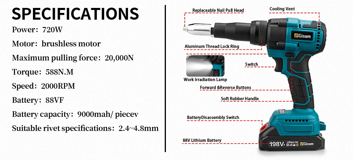 20000N 720W Brushless Electric Rivet Gun 2.4~4.8mm Cordless Rivet Nut Gun Drill Insert Power Tools For Makita 18V Battery 리벳건