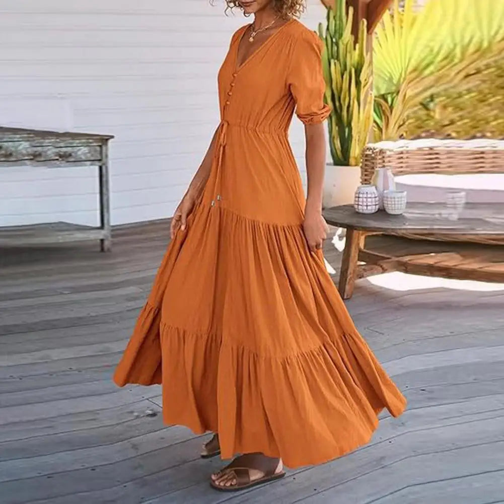 Women Summer V Neck Short Sleeve Cotton Linen Midi Dress Loose Elegant Party Long Beach Dresses Bohemian Maxi Sundress Vestidos