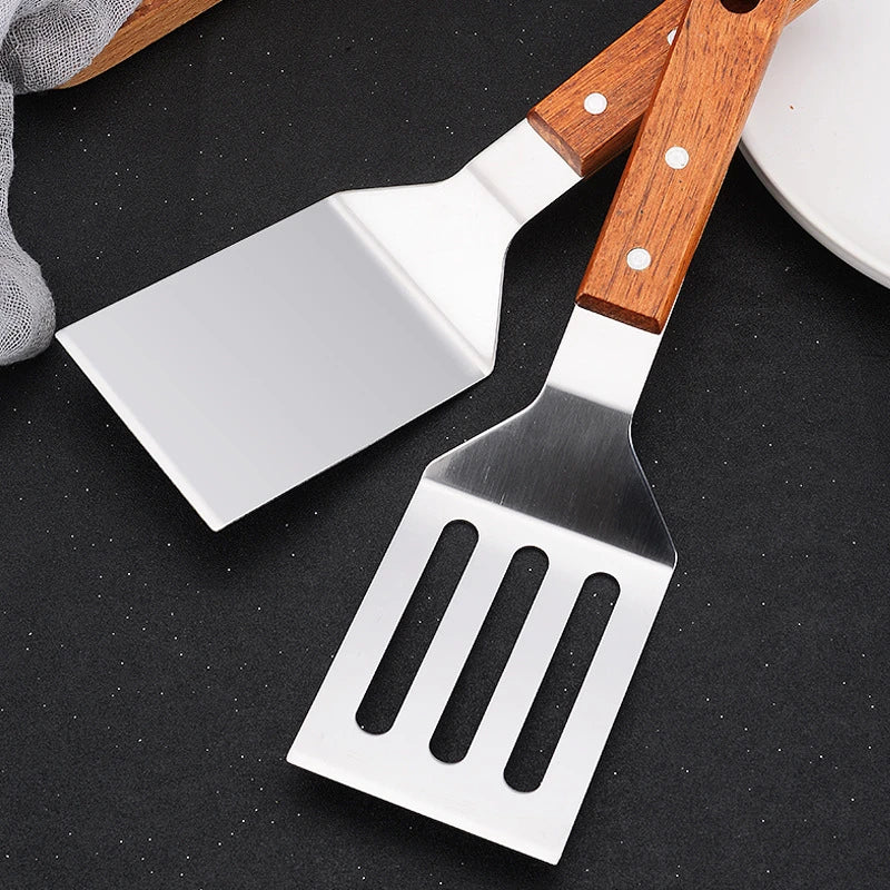 Stainless Steel Wooden Handle Cooking Spatula Steak Pancake Frying Shovel Teppanyaki Scraper Barbecue Tool Kitchen Accessories